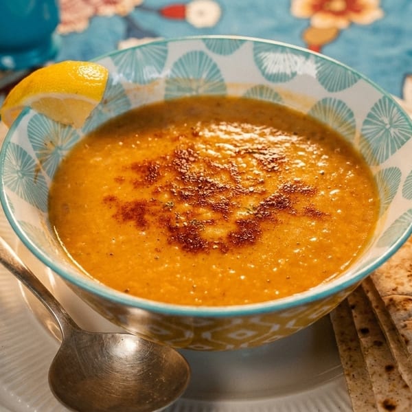 A bowl of orange lentil soup with a lemon wedge and flatbread on a patterned blue tablecloth.