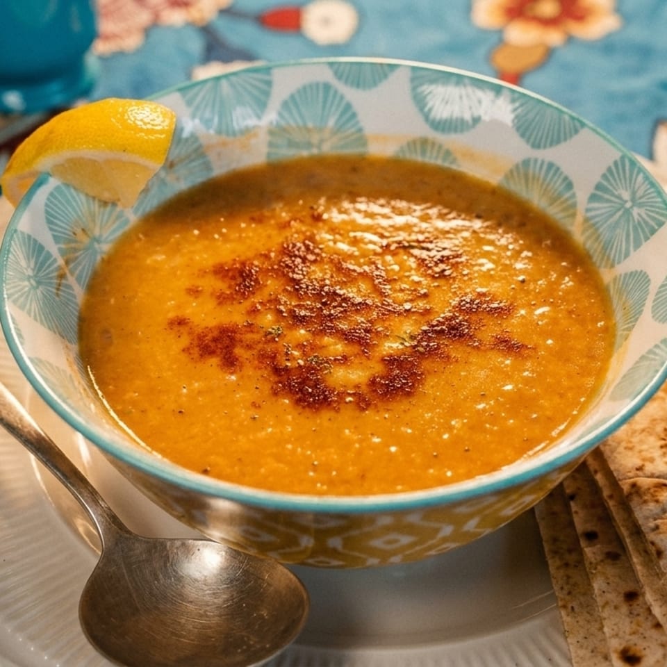 A bowl of orange lentil soup with a lemon wedge and flatbread on a patterned blue tablecloth.