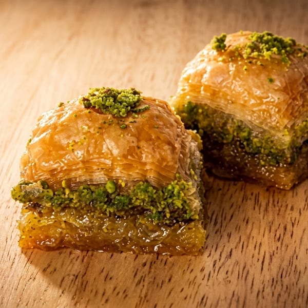 Two golden baklava pastries, filled with green pistachios and drizzled with syrup, on a wooden surface.