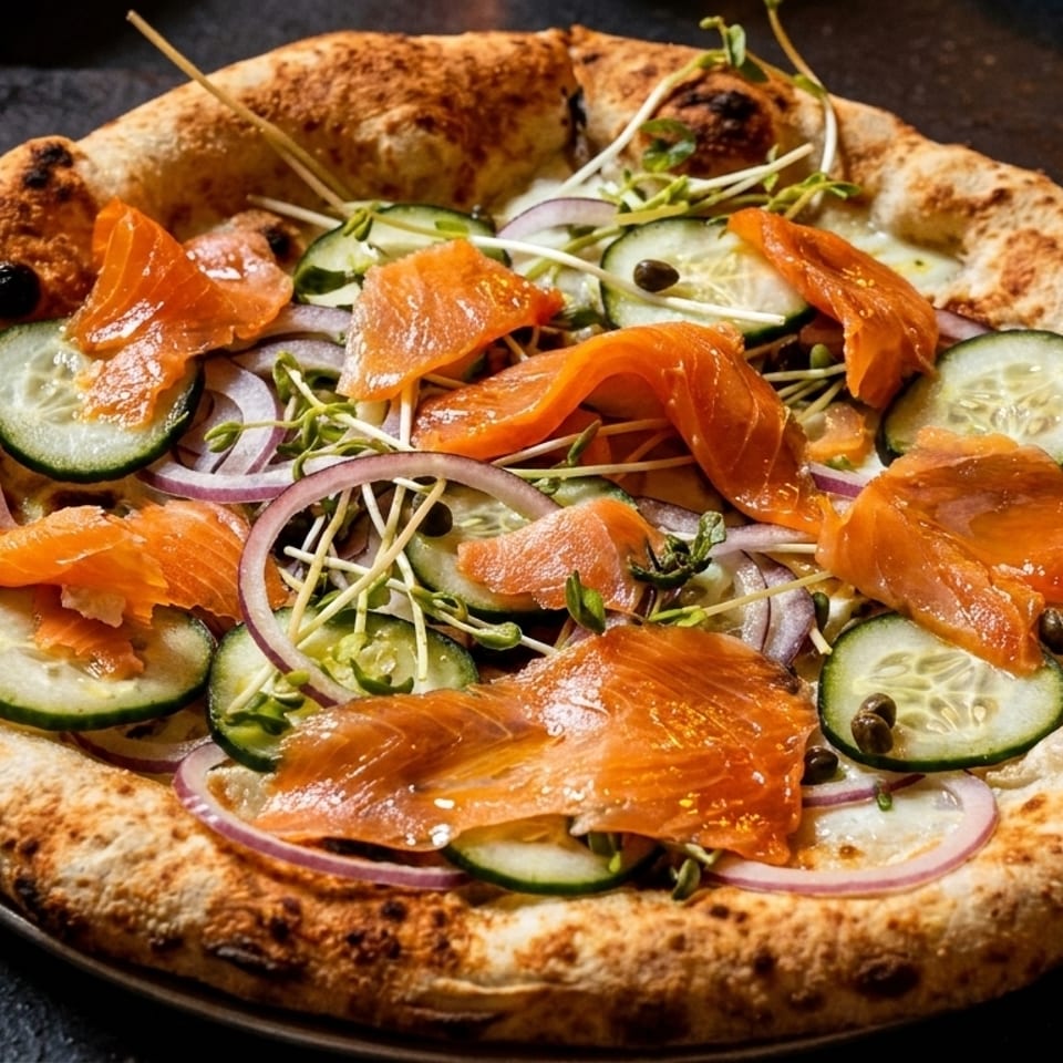 Smoked salmon pizza with cucumber, red onion, capers, and microgreens on a dark surface.