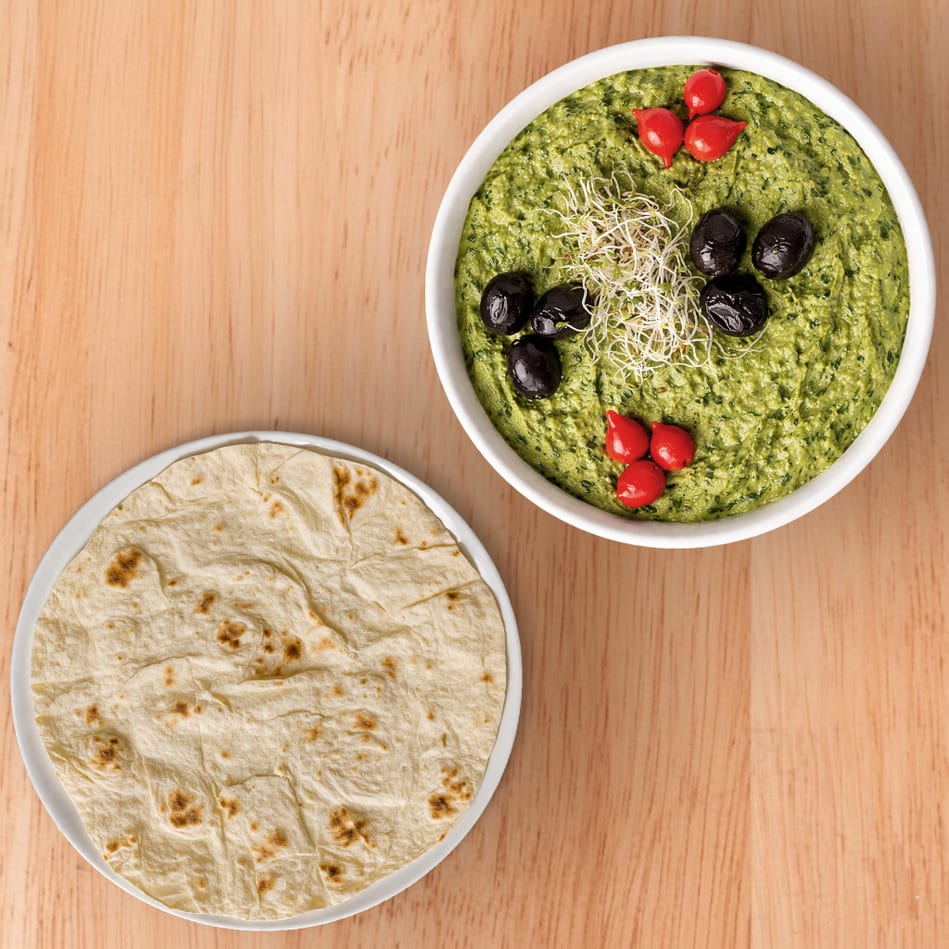 Green Humus with Lavash Bread - Vegan Gluten Free option.